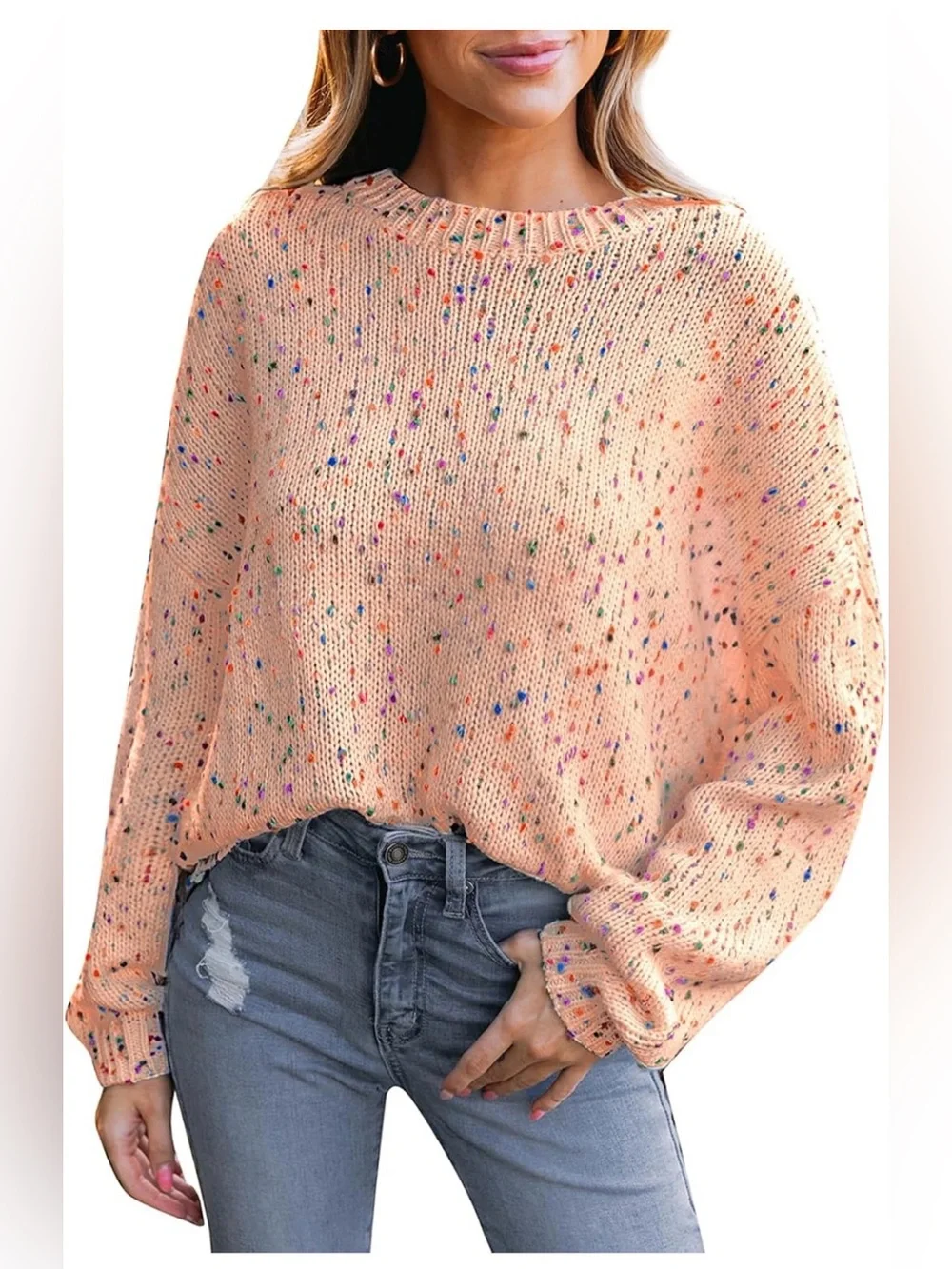 CUPSHE Confetti Rainbow Pom Pom Knit Sweater Pink Large